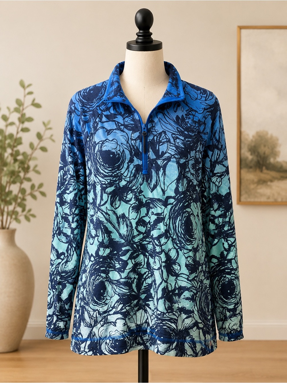 Talbots Blue Floral Quarter-Zip Pullover Sweatshirt